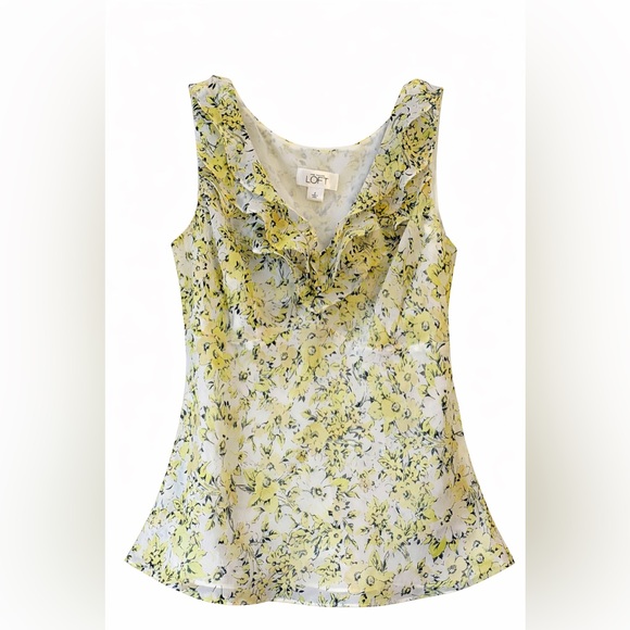 LOFT Tops - Yellow Floral Ruffle Neck Blouse Tank Top LOFT Size 4 Feminine Spring